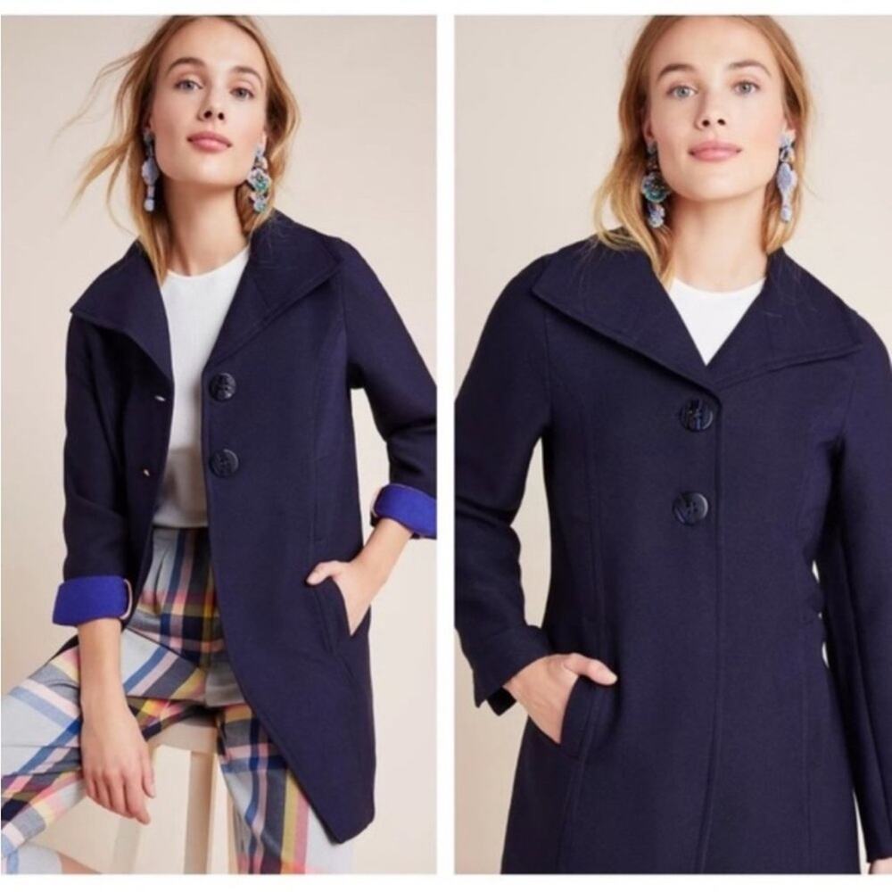 Anthropologie Navy Blue Knit Pea Coat Jacket Contrast Cuffs Size M